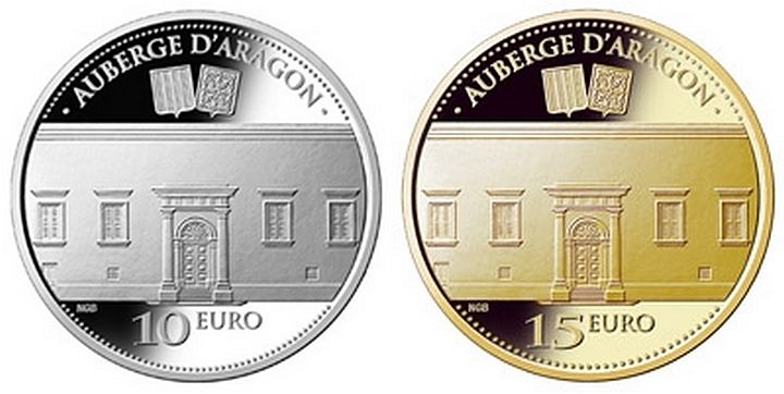 Two numismatic coins issued depicting the Auberge d’Aragon