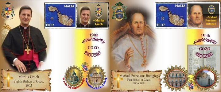 Set of 10 personalised stamps honouring the various Bishops of Gozo
