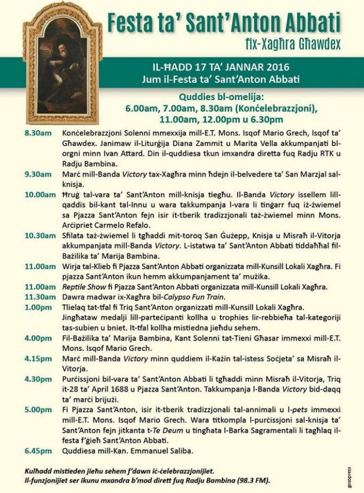 Traditional feast of Saint Anthony the Abbot in Xaghra on Sunday