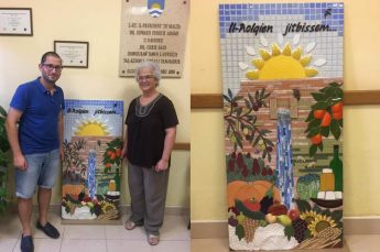 Mosaic panel by Mary Portelli depicting agriculture & scenes of Nadur