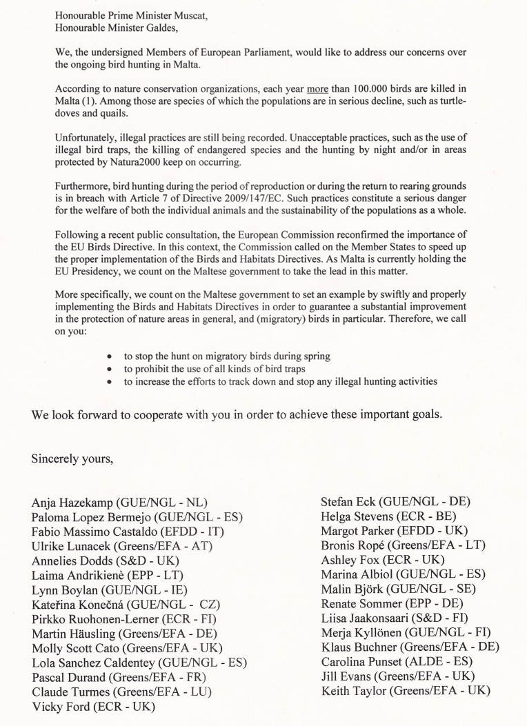 Members of European Parliament call on Malta to close spring hunting season