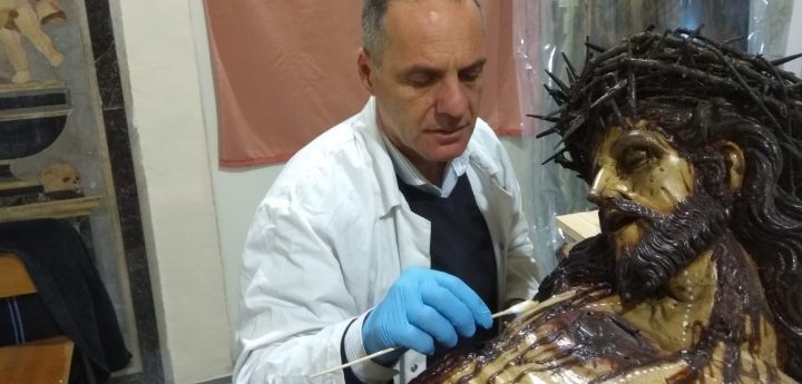 Gozitan working as Head Conservator on Ta’ Giezu Crucifix