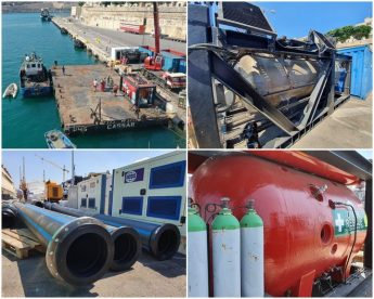 Gozo sewage outfall replacement section crossing on barge today Gozo sewage outfall replacement section crossing on barge today