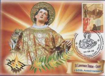 St Lawrence statue anniversary commemorative card and handstamp