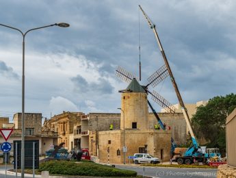 Sails being installed on Xewkija’s unique 18th century windmill