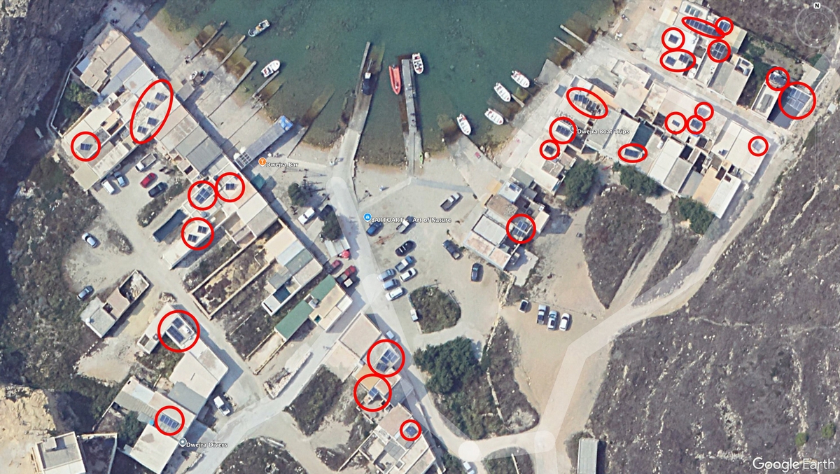 Coalition for Gozo - Inland Sea "illegally illuminated" by boathouses; Cliff face of the Inland Sea "illegally illuminated" by boathouses; Solar panels atop Inland Sea boathouses, visible in a Google Earth image; "Illegal lighting" at a boathouse at the Inland Sea; and The site of PA/01439/25 (Image from PA application documents). 